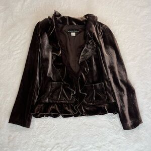Whimsical Velvet Silk Blend Ruffle Blazer in Rich Brown by Bianca Nygard